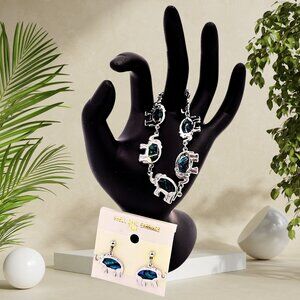 Elephant Paua Shell Bracelet & Earrings Set Silver Tone Iridescent Blue Green